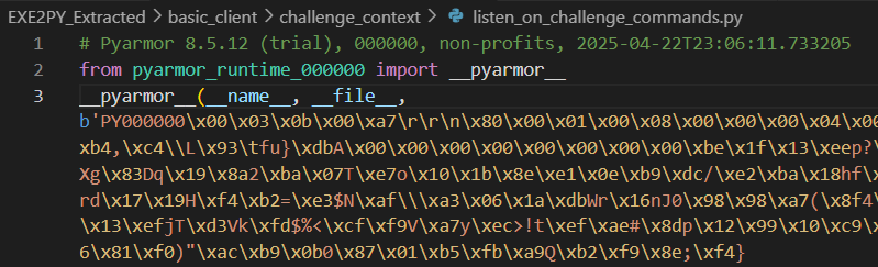 Decompiling the client's sources reveals Pyarmor obfuscation