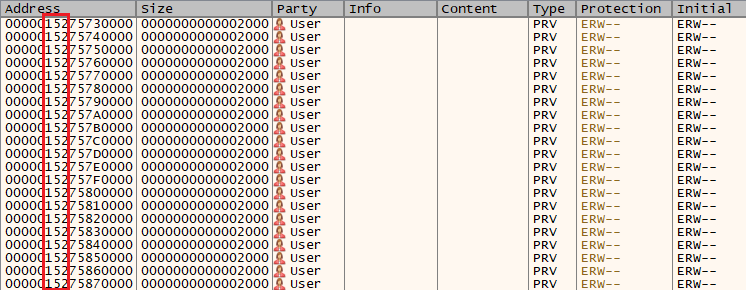 Inspecting the process' memory map in x64dbg after a JIT spray
